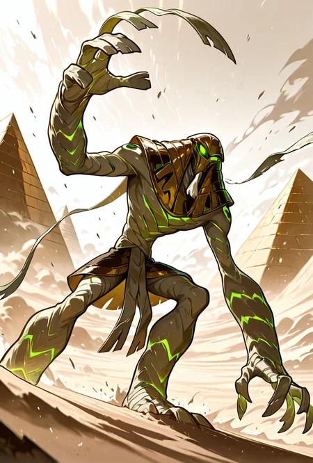 <lora:snareoh-07:1> snareoh, solo, male focus, no humans, 1boy, glowing eyes, green eyes, brown helmet, monster, mask, egyptian clothes,mummy bandages, mummy, massive hands,  Cartoon, dynamic pose, desert, sand storm, blowing bandages, egypt, pyramids, masterpiece, best quality, amazing quality, very aesthetic, absurdres, newest,
