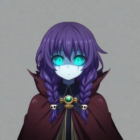 mana_sk style, portrait, focus on face, a mysterious necromancer girl with dark violet hair in intricate braids and glowing teal eyes, wearing a skull-shaped brooch and a high-collared cloak covered in arcane patterns, her expression calm and commanding, faint ghostly wisps swirling around her, Japanese RPG style, haunting and magical atmosphere, intricate details on her brooch and cloak