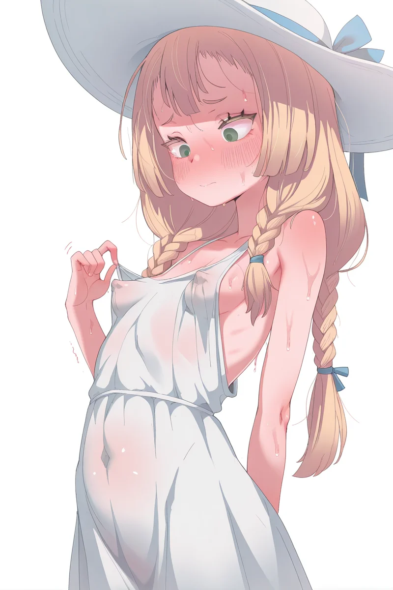 masterpiece, best quality, amazing quality,
<lora:JJ.JJ_r1:1> jj.jj, 1girl, blonde hair, hat, long hair, braid, solo, blush, green eyes, dress, sweat, covered nipples, breasts, white dress, sun hat