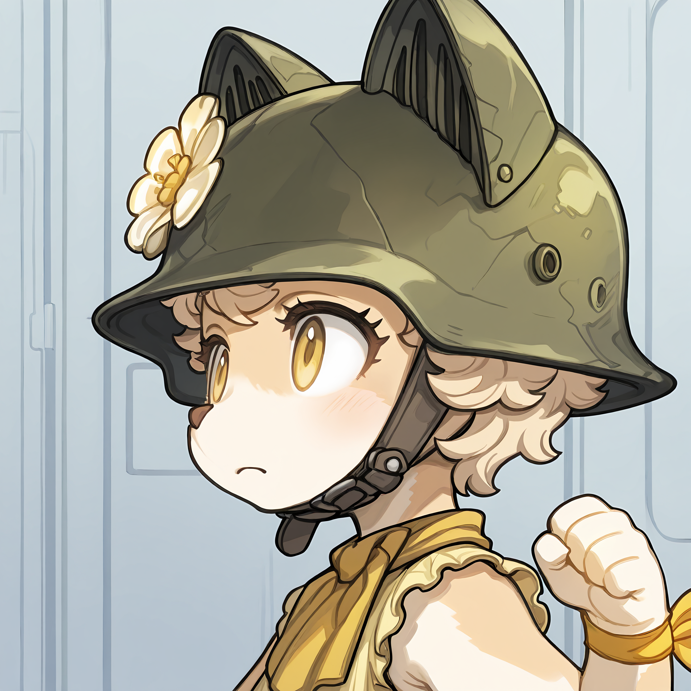 BREAK, <lora:Chick_Montblanc_Illustrious_V1:1>, Chick Montblanc, Fuga: Melodies of Steel, kemono, furry female, 1girl, dog girl, beige fur, white fur, multicolored fur, yellow eyes, blonde hair, short hair, animal ears, dog ears,
BREAK, Fuga 1 Outfit, yellow dress, sleeveless, yellow neckerchief, wrist ribbon, helmet, flower on helmet,
BREAK, solo, face focus, close-up, looking away, side view