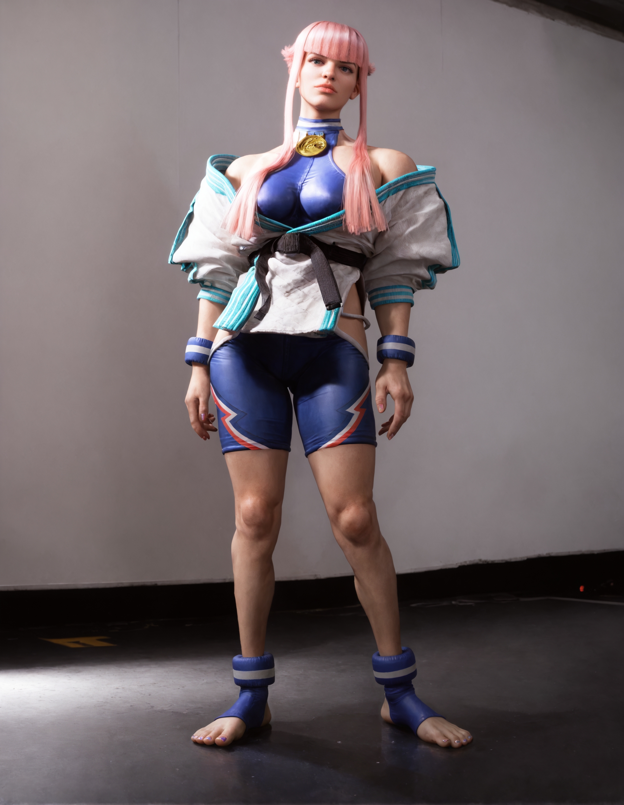 score_9, score_8_up, score_7_up,score_6_up,high resolution,mnon,mnon hair,3d,photo,realistic,pink hair,1girl,solo,full body,toeless legwear,jacket,bodysuit,catwalk,volumetric lighting,rim lighting,from side,dof,dramatic shadow,chiaroscuro