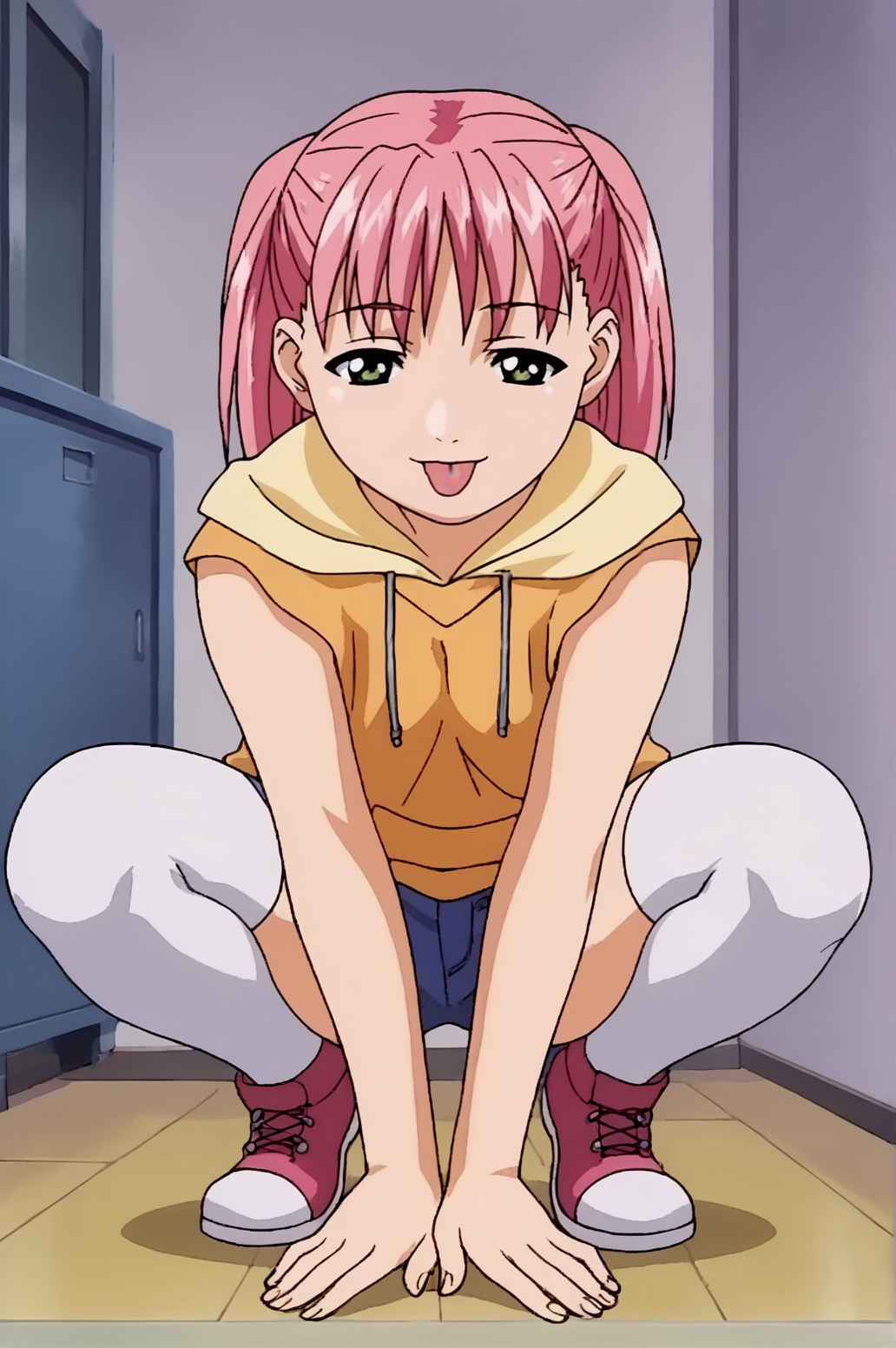 score_9, score_8_up, score_7_up,anime_source, source_anime, best background, detailed background, anime screencap,  Kanako, 1girl, solo, hood, hoodie, sleeveless, sleeveless hoodie, denim, white thighhighs, tongue out, squatting, legs apart, naughty face,  indoors,  <lora:JN_Kanako:0.8>