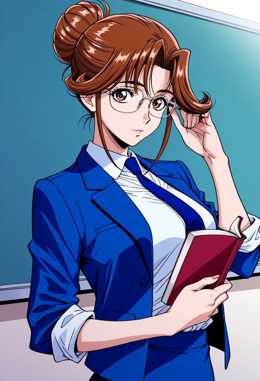 masterpiece, best quality, newest, highres, uncensored, 1girl, yokota mamoru style,1girl,Sendou Chika,brown hair,long hair,slim,solo, 1girl,front view, looking at viewer, standing, upper body, holding a book, bangs, white shirt, teacher, shirt, blue jacket, glasses, single hair bun, necktie, rolled up sleeves, masterpiece, 8k, intricate details, ultra detailed, hyper detailed, ultra detailed hair, ultra detailed face, ultra detailed hair, ultra detailed body