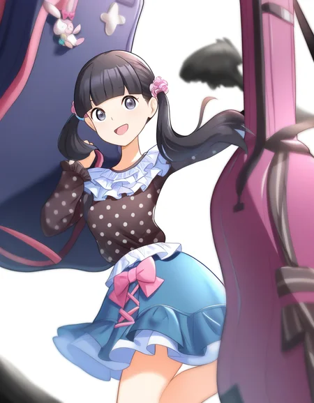 <lora:lijing_noob:1>,skin1,lijing,1girl,solo,instrument case,skirt,shirt,bangs,bag,smile,open mouth,black hair,guitar case,white background,long sleeves,blue skirt,looking at viewer,polka dot skirt,simple background,polka dot,black shirt,layered skirt,frills,hair ornament,blunt bangs,frilled skirt,twintails,
masterpiece,best quality,very aesthetic,absurdres,
