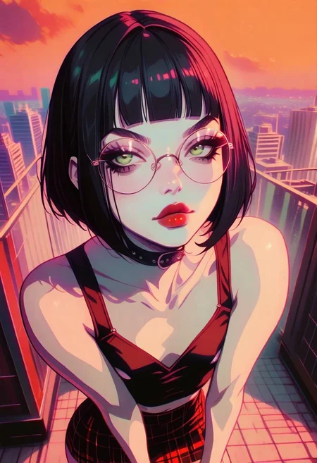 masterpiece, best quality, 32k, high resolution, absurdres, 1girl, Polly, PollyRH, short hair, bobcut, black hair, bangs, green eyes, small breasts, almost flat chest, slim, pale skin, big round eyeglasses, clear eyeglasses lenses, red lipgloss, HD32k, dynamic pose, aesthetic, perspective, solo, detailed eyes, sensual look, pinup pose, urban scenario, detailed background, black-red tint, sunset, sensual look,  goth attire, punk attire, black tank top,nipple peek, (red) tartan skirt, spiky wristbands, chocker,