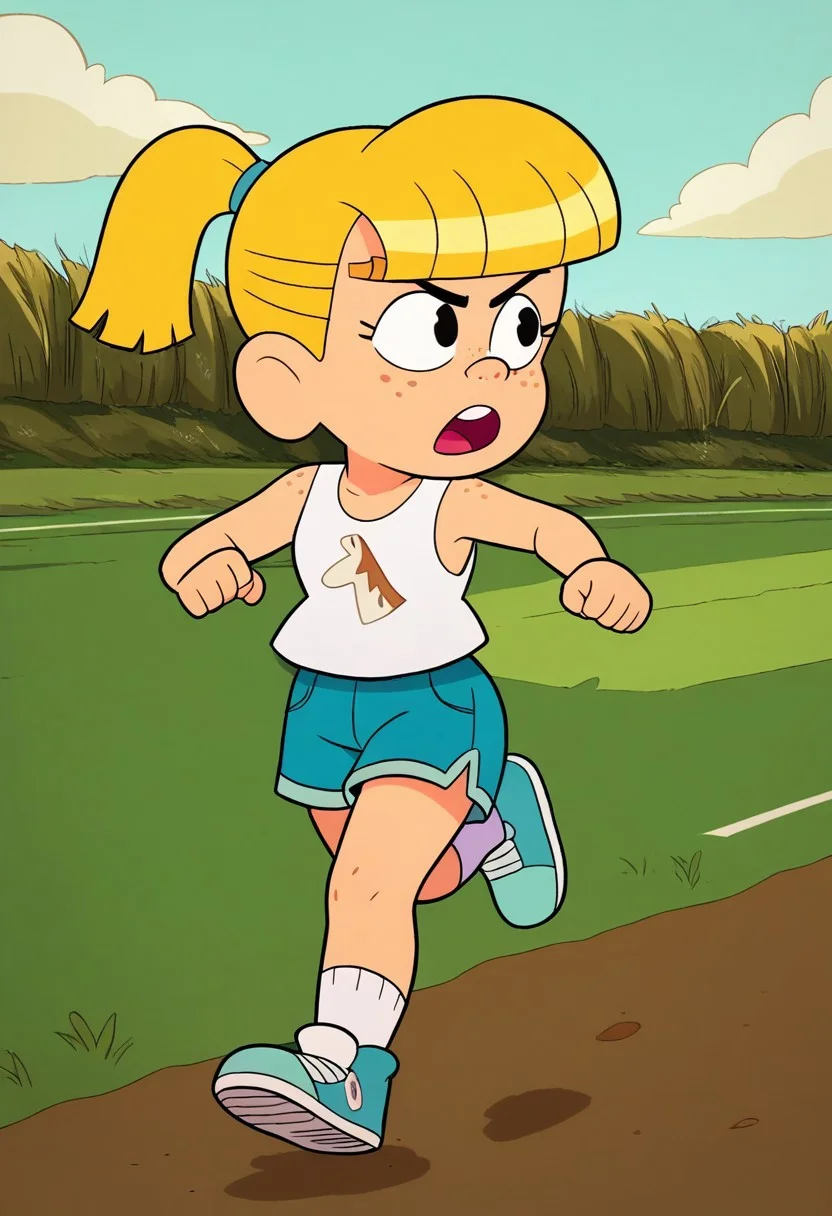 score_8, score_8_up, score_7_up, score_6_up, source_cartoon, BREAK, 1girl, solo, female focus, Mackenzie_cotc, blonde hair, freckles, ponytail, tanktop, shorts, shoes, athletics field, running,