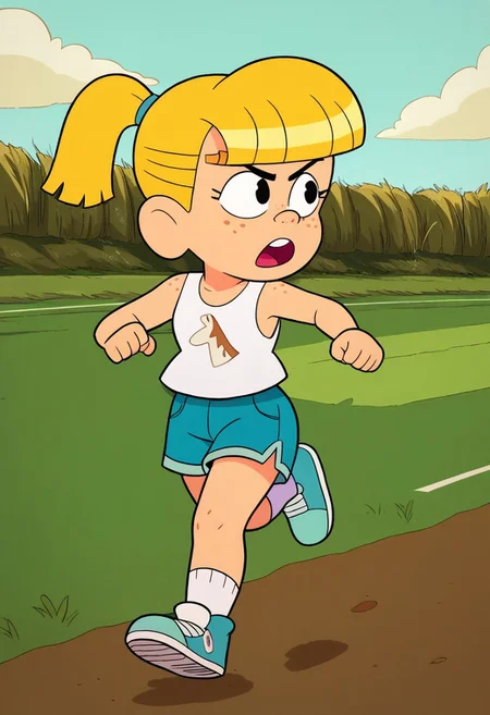 score_8, score_8_up, score_7_up, score_6_up, source_cartoon, BREAK, 1girl, solo, female focus, Mackenzie_cotc, blonde hair, freckles, ponytail, tanktop, shorts, shoes, athletics field, running,