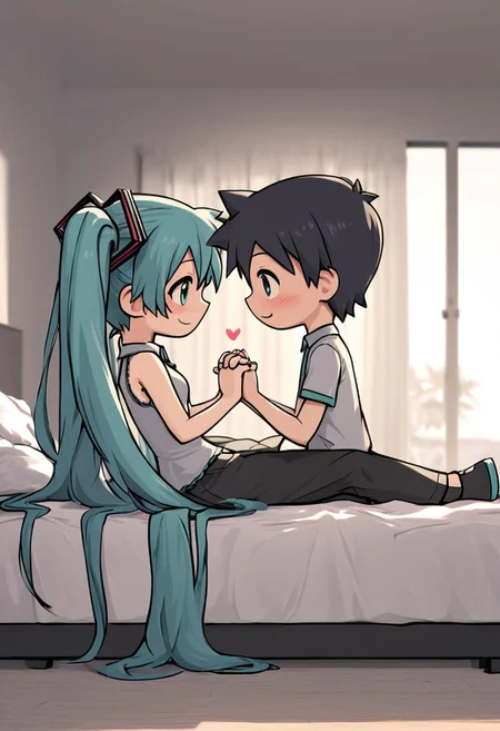 score_4,score_5,score_6,score_7_up,score_8_up,score_9 ((masterpiece,best quality,ultra detailed,highres,HD,4k:1.2)), 
chibi,full body,| |,
1 girl and 1 boy,hetero,girl focus,
hatsune miku,absurdly long hair,aqua hair,twintails,hair ornament,sidelocks,hair between eyes,parted bangs,aqua eyes,
black short hair boy,
Man and woman holding hands, couple, looking at each other, bedroom, sitting on bed, heart symbol, heart effect,
smile,happy,closed mouth,