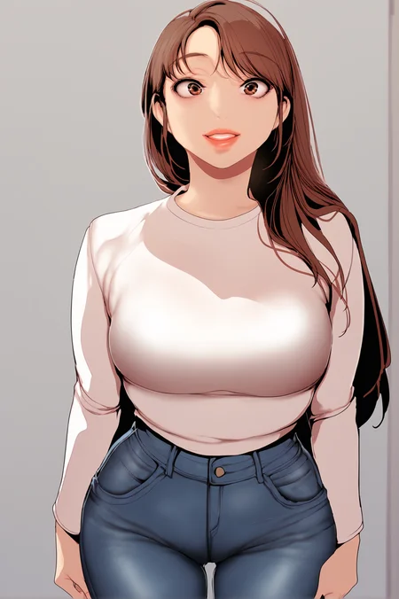 <lora:XL_SookYoung_BNW:1> sookyoungdef, brown hair, brown eyes, long hair,
simple background, grey background,
looking at viewer, smile, large breasts, shirt, white shirt, pants, lips, jeans, blue pants, long sleeves, standing, score_9,score_8_up,score_7_up, source_anime, detailed face