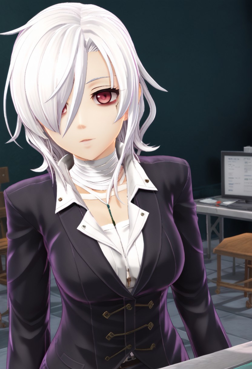 score 8 up, solo,1girl, lab background, white hair, hair over one eye, pink eyes, red eyes, medium breasts, gown, skinny, bags under eyes, bandaged_neck, head tilt, looking at viewer, aliasing, kai_style, 3d,