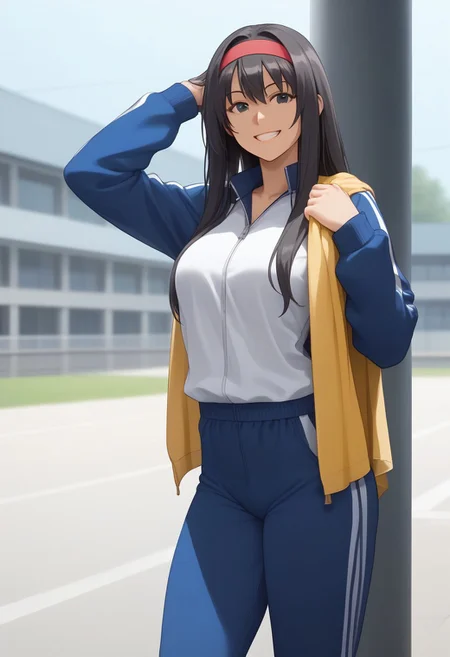 score_9, score_8_up, score_7_up, best quality, intricate details, rating explicit, BREAK 1girl, solo, yuuri, long hair, black hair, hairband, yellow towel around neck, dark blue track jacket and open clothes, white shirt tucked in dark blue track pants, black sandals, standing, smile, looking at viewer, schoolyard