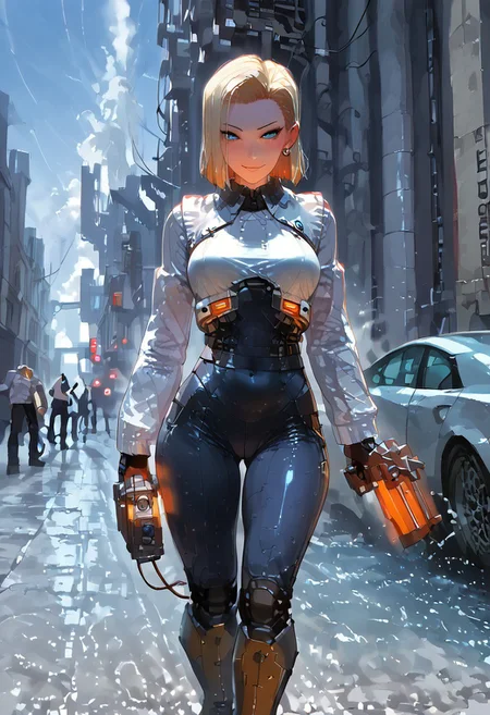 score_9,score_8_up,score_7_up,source_anime, 1girl, (((master piece:1.2))),(((best quality:1.2))),(((ultra detailed))),(((1girl))),(((intricate))),(((anime screencap))),(((very aesthetic:1.2))),((( Cite 17 background))),(((absudres:1.2))),(((embroidered))),(((scenery))),((extremely detailed CG)),(dynamic angle:1.4),vensu bdy woman in sci fi outfit standing on deserted street holding gravity gun, 
BREAK,
half life (series), (android 18 reimagined as a scientist in hev suit from half life 2),breasts, 1girl, blonde_hair, blue_eyes, (dynamic pose:1.4), Cite 17 background, smile, solo, looking_at_viewer, detailled_background, blonde android 18_hair, blush, boots, gloves, standing, cowboy_shot, hev armor style, holding a crowbar, weapon, solo focus, holding, outdoors, covered navel, hev suit bodysuit
BREAK;
(intricate details:1.12), (intricate details, hyperdetailed:1.15), hdr, dystopian sci-fi city, (at day:1.2), cinematic, half life aesthetic, science aesthetic, ominous background, bimbo atmosphere, lustful atmosphere, gray and pastel theme, city background, ground vehicle, motor vehicle, car, building, electric cable, camera, sfw