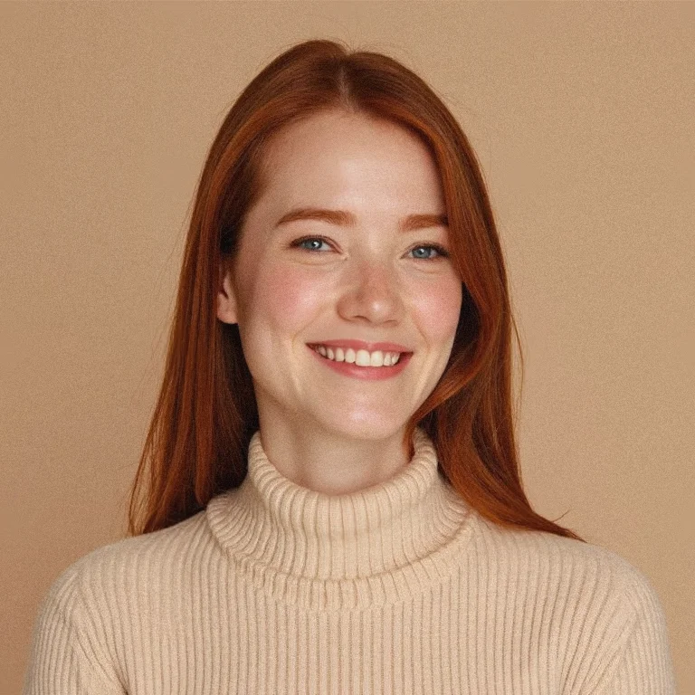 The image depicts a Caucasian woman with fair skin and auburn hair, wearing a beige ribbed turtleneck dress. She has an oval face with clear, flawless skin. She appears to be in her 30s and has a youthful complexion. The lighting is soft, highlighting her natural beauty and glowing skin. The texture of the fabric she is wearing is smooth and slightly sheer, enhancing her slim and graceful figure. She has a confident, happy expression with a radiant smile, showing her perfect white teeth. The background is plain and beige, drawing attention to her. Her makeup is minimal, enhancing her natural beauty and youthful appearance. The image captures her as a beautiful and confident woman.