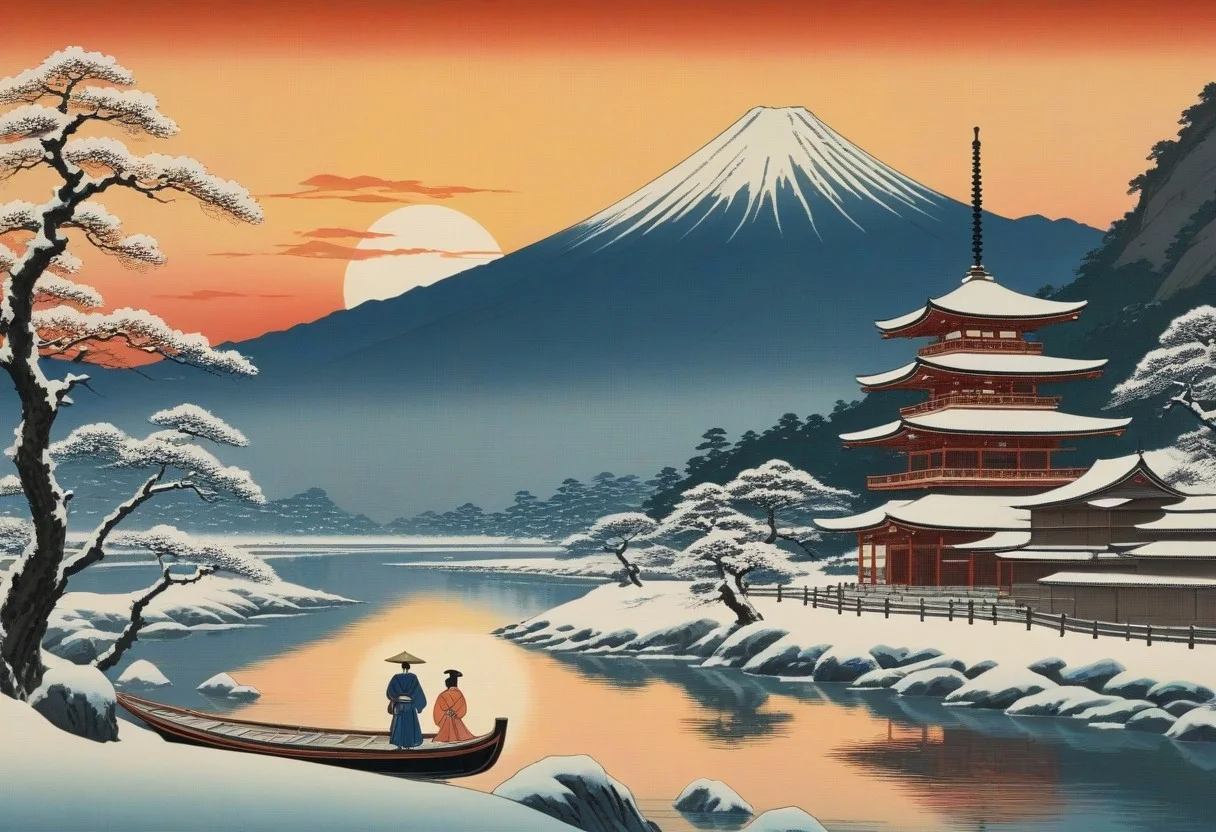 Masterpiece, best quality, ukiyo-e landscape, mountain setting, snow, two traditionally dressed japanese characters looking at a sunset, romantic, pagoda on a river, small boat