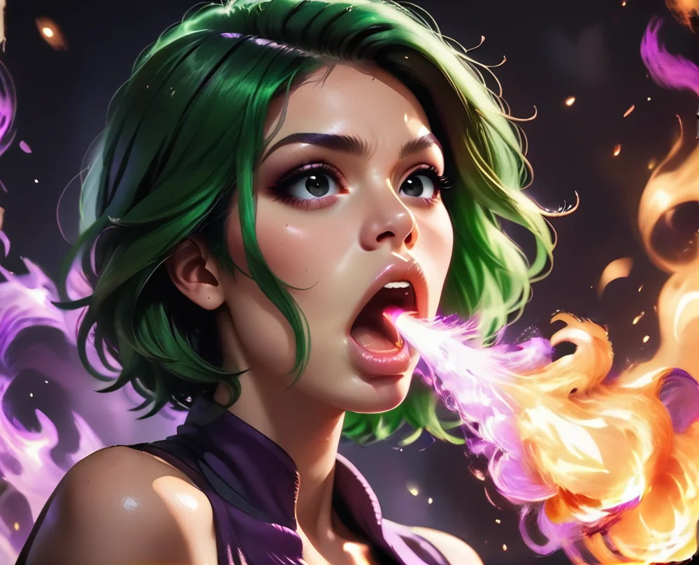 <lora:fire_breath_pony-6:0.6>,FireBreath,
score_9,score_8_up,score_7_up,score_6_up,score_5_up,
solo,1girl,breathing fire,green hair,black eyes,realistic,open mouth,purple fire breath,purple fire