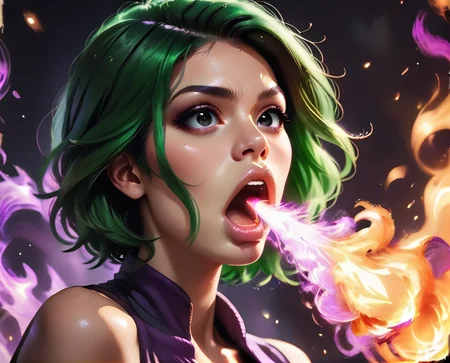 <lora:fire_breath_pony-6:0.6>,FireBreath,
score_9,score_8_up,score_7_up,score_6_up,score_5_up,
solo,1girl,breathing fire,green hair,black eyes,realistic,open mouth,purple fire breath,purple fire