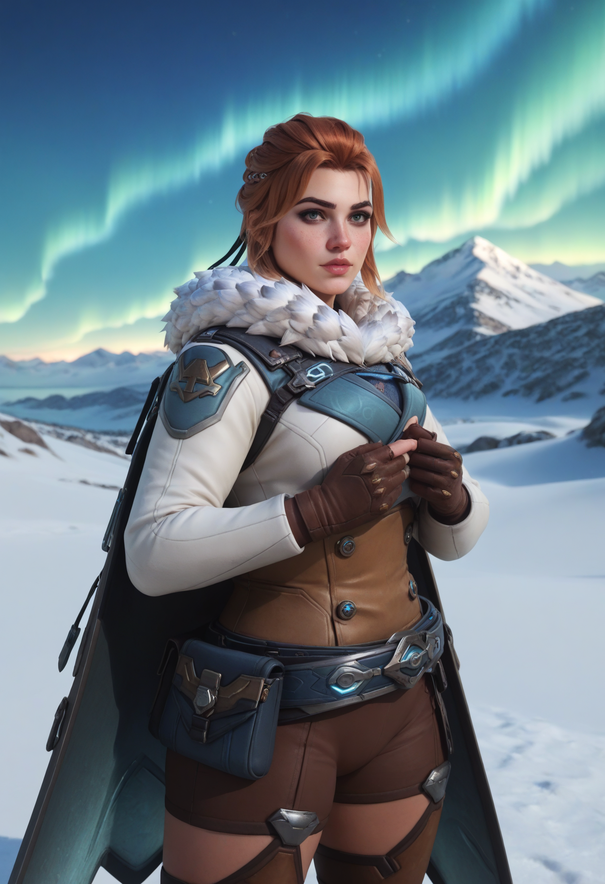 score_9, score_8_up, score_7_up, source_anime, <lora:frejaPony:1> BREAK
solo, 1 girl, ow2freja, belt, gloves,cowboy shot, cape,, fur trim , , blizzard, snow, aurora, mountain, outside, cross bow
