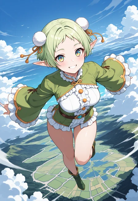 masterpiece, best quality, 1girl, solo, full body, from above, day, clouds, flying, green hair, very short hair, pom pom hair ornament, two-tone eyes, elf, pointy ears, medium breasts, wide sleeves, frilled shirt, smile, teeth