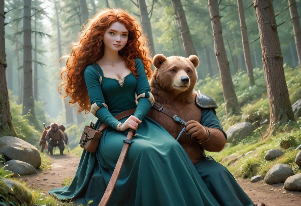 score_9, score_8_up, score_7_up, MeridaXLP, freckles, green dress, long sleeves, long skirt ,cleavage, wavy hair, outdoors, forest, animal, bear, riding bear, shoulder armor, weapon, holding, bow \(weapon\),