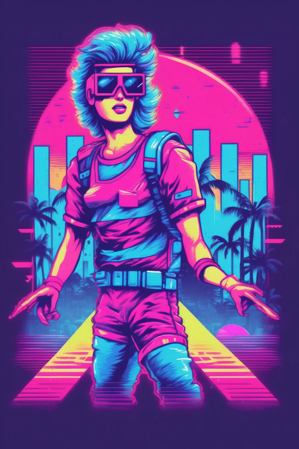 <lora:Synthwave T-shirt:1>Synthwave T-shirt - A t-shirt design featuring a retro video game character or symbol in a neon-colored, pixelated style. The design should have a playful and nostalgic mood, with a vintage 80s or 90s vibe