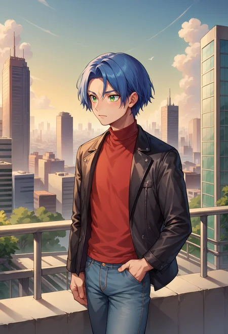 score_9, score_8_up,score_7_up, score_9, score_8_up,score_7_up, source_anime, 1boy, solo, <lora:EPpkJamesPony-07:0.8> EPpkJames, medium hair, blue hair, green eyes, fantastic scenery, outdoors, city, skyline, turtleneck, red sweater, black jacket, leather jacket, open jacket, jeans, leaning, railing,