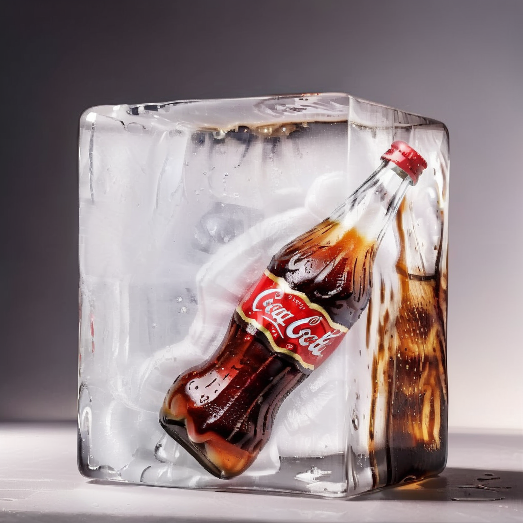 Create a realistic image of  cola frozen inside a block of ice,<lora:iniceblock:0.8>