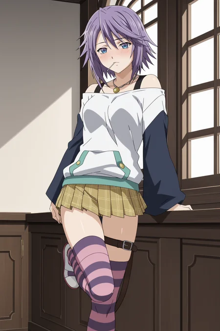 score_9, score_8_up, score_7_up, source anime, prefect lighting, very aesthetic, rating explicit,
<lora:shirayuki_mizore-v2_pony6:1>,1girl, shirayuki mizore, rosario+vampire, short hair, purple hair, blue eyes, medium breasts, anime coloring, anime screencap, blush, mizoreoutfit, long sleeves, striped thighhighs, pleated skirt, necklace, lollipop, one leg belt, anime coloring, anime screencap, looking at viewer,