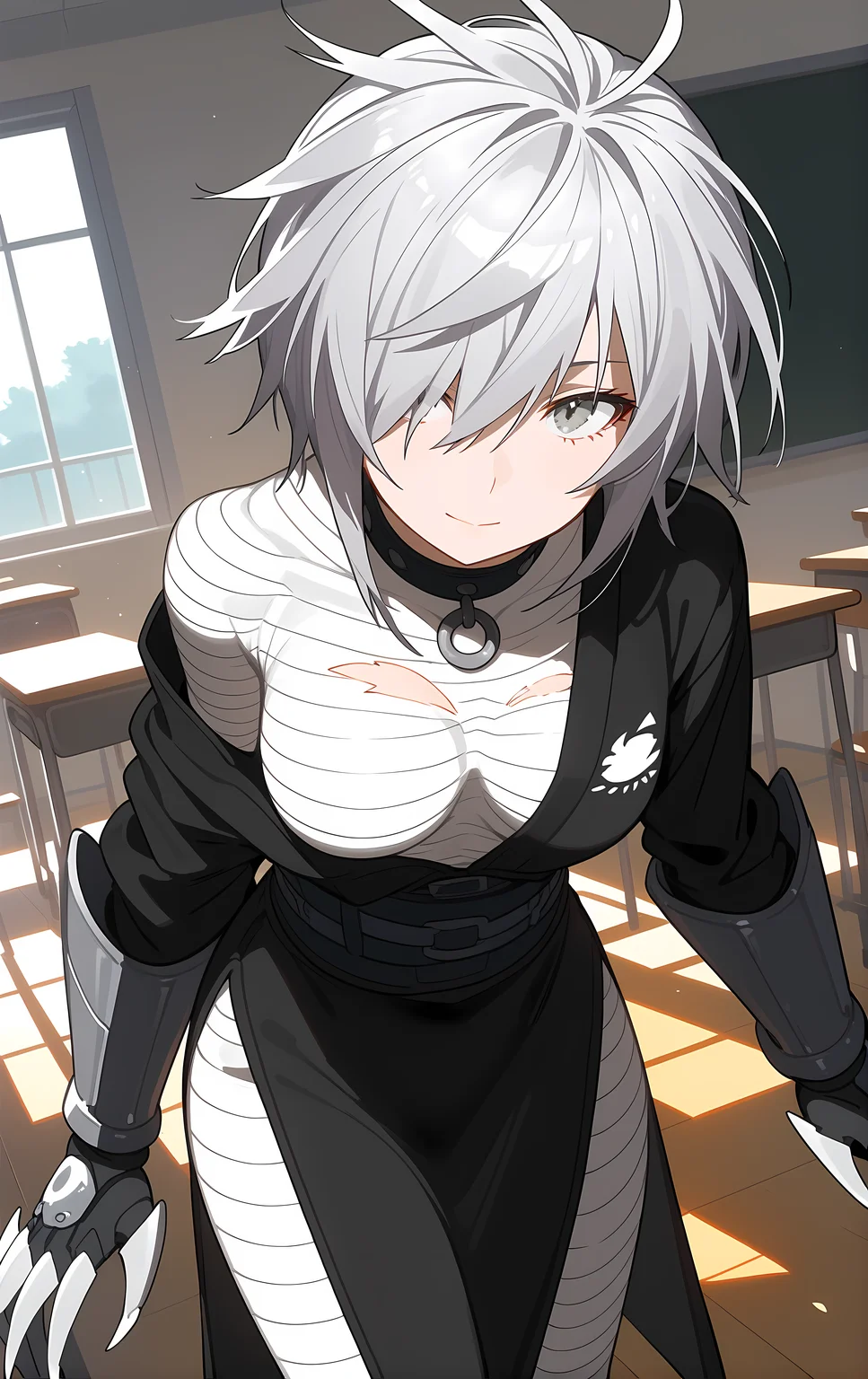 (score_9, score_8_up, score_7_up), standing, leaning forward, looking at viewer, light smile, closed mouth, shiny skin, tight clothes,
ohwx, 1girl, solo, solo_focus, breasts, medium_breasts, hair_over_one_eye, short_hair, white_hair, grey_hair, grey_eyes,
bandages, claw_\(weapon\), claws, torn_clothes, japanese_clothes, choker, sarashi, belt, scar, sash, boots, gauntlets, spikes, long_sleeves,
classroom, dusk,
cowboy shot, dutch angle, close-up,
<lora:haihane_pony_ss:1>