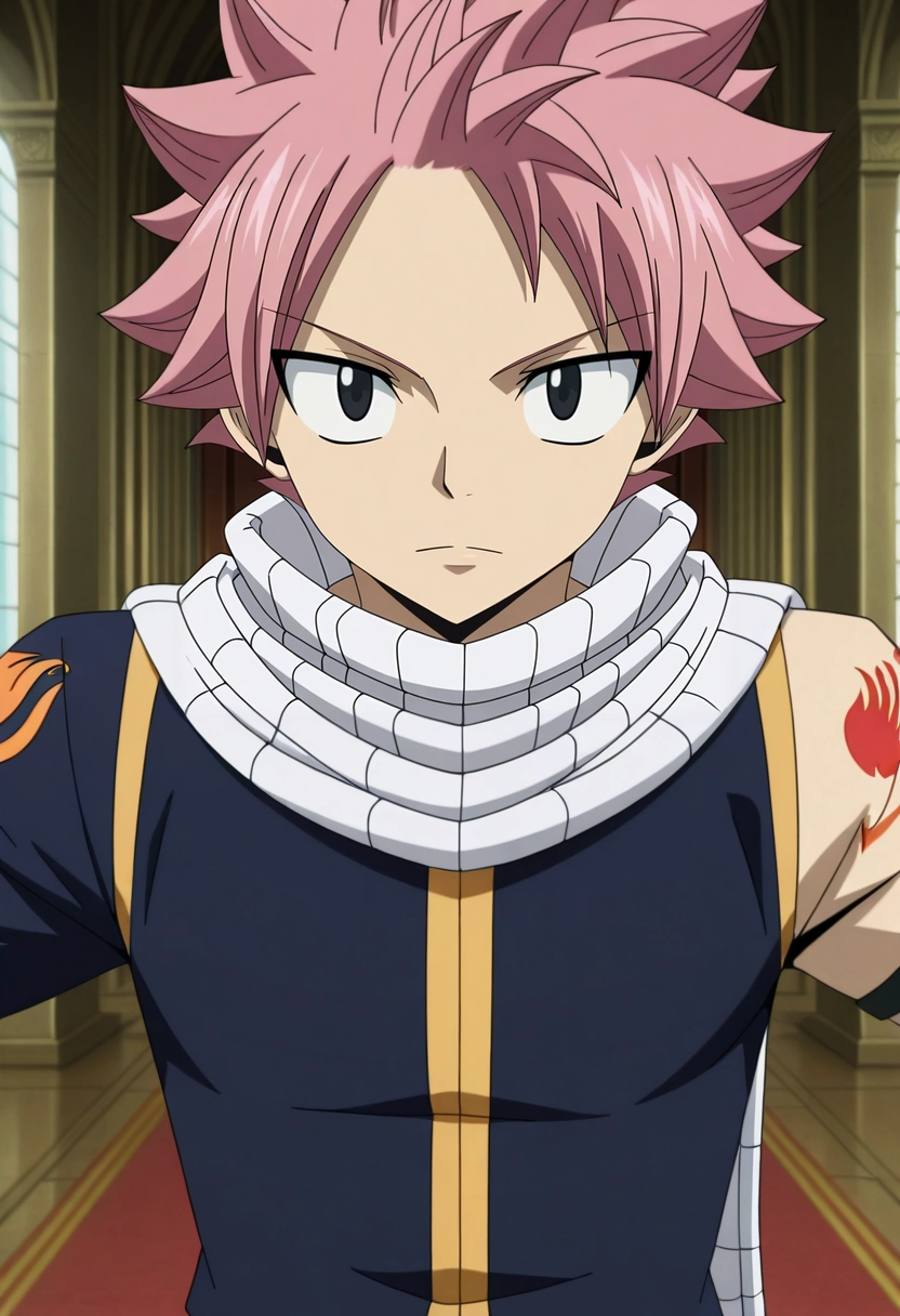 masterpiece, best quality, intricate details, anime screencap, anime coloring, , looking at viewer, 1boy, solo, male focus, <lora:natsu_dragneel_ilxl:1>, natsu_dragneel, pink hair, black eyes, spiked hair, white scarf, symmetry, mont saint michel, indoors, light, spread arms, expressionless,