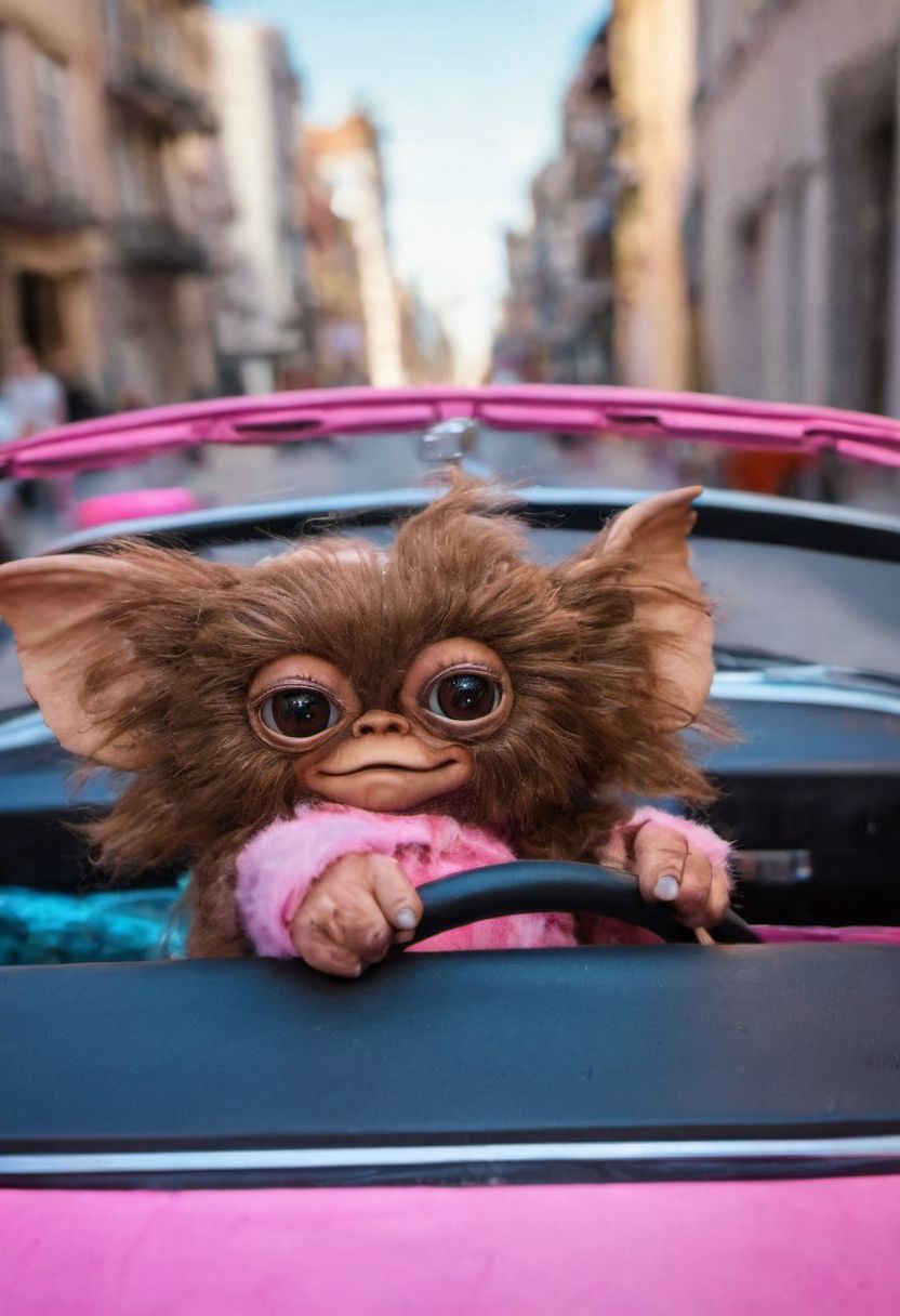 #giz#, (gremling driving a pink convertible car toy , Hands the steering, wheel down, hair moving through speed  :1.0) , amazing world, vivid colors, detailed , portrait in street of city, ( ultrarealist photography :1.3)