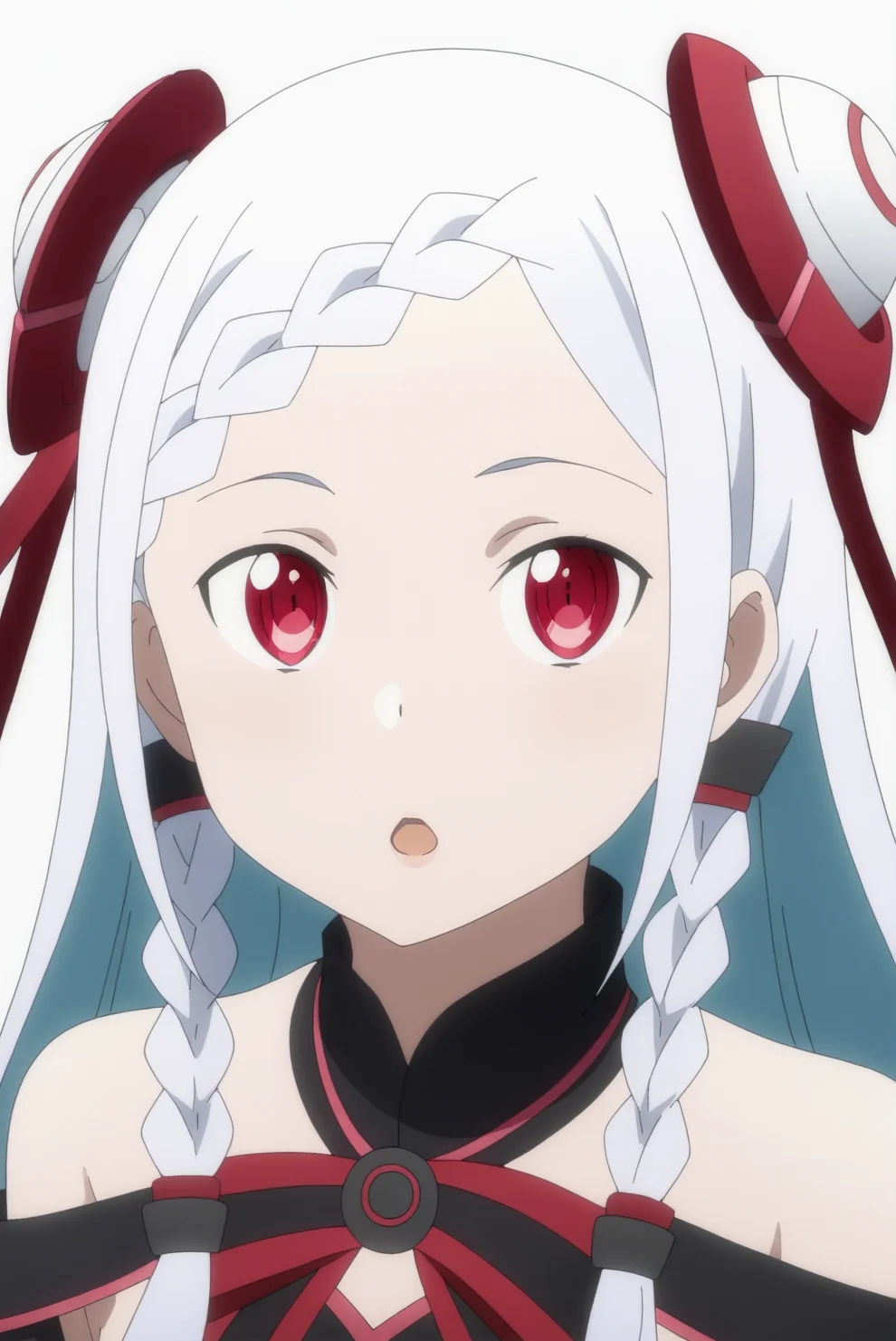 1girl,solo,open mouth,braid,red eyes,long hair,braided bangs,hair ornament,ribbon,red ribbon,twin braids,hair ribbon,white hair,looking at viewer,hair bun,upper body,small breasts,(white background:1.2),