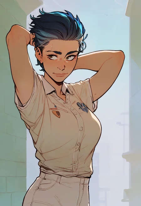 source_anime, score_9, score_8_up, score_7_up, 1girl, mature_female, solo, Pretending to swim in air, sideways, (Indigo Twinset), dark blond hair, cut-in, rating_safe, <lora:sdxl\pony diffusion\artist_styles\incase_old_pony:1.0>