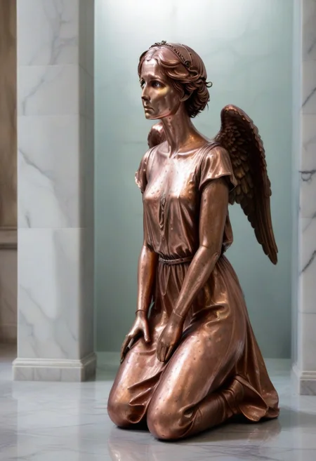 a copper statue portraying a kneeling and weeping angel, bleak, hopeless, depressing, enshrined in an alcove, marble church background
BREAK
CivChan