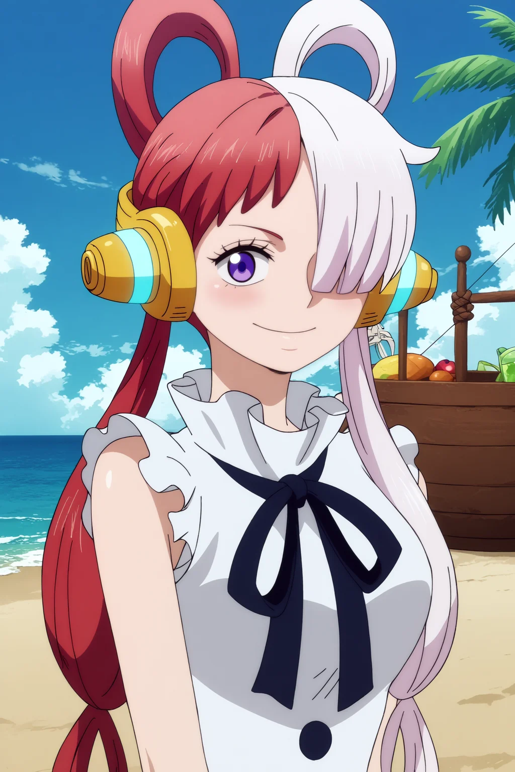 uta,1girl,solo,headphones,multicolored hair,two-tone hair,white hair,split-color hair,hair rings,long hair,smile,hair over one eye,looking at viewer,ribbon, salute, BREAK outdoors,pirate_ship,blue sky,sea,palm tree <lora:Uta_-_One_Piece.safetensors:0.9> <lora:detailed_backgrounds_v2.safetensors:0.6>,
