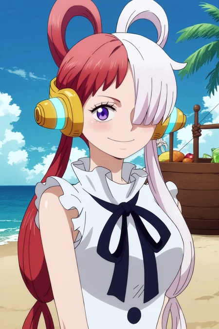 uta,1girl,solo,headphones,multicolored hair,two-tone hair,white hair,split-color hair,hair rings,long hair,smile,hair over one eye,looking at viewer,ribbon, salute, BREAK outdoors,pirate_ship,blue sky,sea,palm tree <lora:Uta_-_One_Piece.safetensors:0.9> <lora:detailed_backgrounds_v2.safetensors:0.6>,