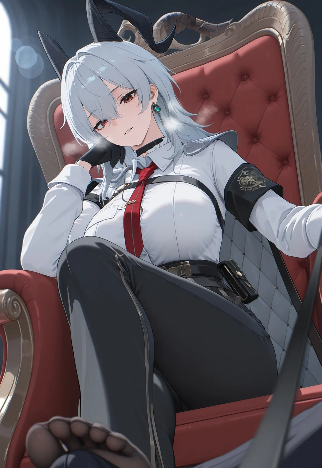 masterpiece,best quality,amazing quality,newest,absurdres,highres, newest,very awa, scenery,  anime,flat color,
(dutch angle),  from below,pov,
1girl, beautiful face, perfect eyes, detailed eyes,mature female,slim body,

zani h, red eyes, grey hair, horns, alternate costume, zanx1 shirt, cape, frills, collared shirt, chest strap, shoulder armor, armband, high-waist pants, choker, single earring, necktie,

look at viewer,head tilt,heavy breathing,head rest,
sitting,feet focus,holding leash,viewer on leash , leash pull  ,footjob,bulge,cross leg,
throne,snow,
depth of field,volumetric light,dark background, blurry background ,blurry foreground, overexposure, chromatic aberration ,light ray,shadow,,lens flare,