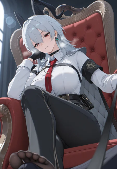 masterpiece,best quality,amazing quality,newest,absurdres,highres, newest,very awa, scenery, anime,flat color,
(dutch angle), from below,pov,
1girl, beautiful face, perfect eyes, detailed eyes,mature female,slim body,
zani h, red eyes, grey hair, horns, alternate costume, zanx1 shirt, cape, frills, collared shirt, chest strap, shoulder armor, armband, high-waist pants, choker, single earring, necktie,
look at viewer,head tilt,heavy breathing,head rest,
sitting,feet focus,holding leash,viewer on leash , leash pull ,footjob,bulge,cross leg,
throne,snow,
depth of field,volumetric light,dark background, blurry background ,blurry foreground, overexposure, chromatic aberration ,light ray,shadow,,lens flare,