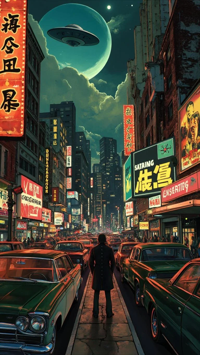 <lora:ck-LttleGhost-000011.safetensors:1> in the style of ck-lttlegh0stThis striking street scene print depicts a gritty urban environment dominated by retro-futuristic elements, including a UFO hovering above the crowded streets. A solitary figure in a dark coat stands out against the vibrant backdrop of vintage cars, lit-up billboards, and crumbling architecture. The overall atmosphere is one of tension, with each element calculated to assault the senses and create a sense of unease.