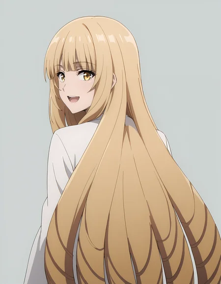 <lora:Rose:1>rose_eminence, 1girl, solo, smile, from behind, looking back, open mouth, simple background, anime coloring