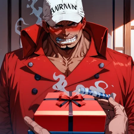 score_9, score_8_up, score_7_up, masterpiece, red suit, white cap, 1 boy, akainu, cigar, blush, very high quality, PovGifting, pov hands, holding gift, gift box