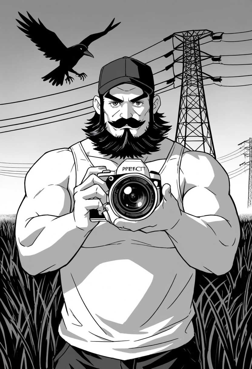 1boy, holding camera, white tank top, black shorts, upper body, darkness, monochrome, sketch, greyscale, looking at viewer, baseball cap, aiming at viewer,
field, utility pole, transmission tower, crow,
BREAK
<lora:Ximen_Hao_from_Shenbingxiaojiang_v1.0:1> large pectorals, thick arms,
ximenhao, mature male, thick mustache, beard, long sideburns, thick eyebrows,
BREAK
very awa, masterpiece, best quality, absurdres, newest, perfect quality, detailed background, intricate details,
