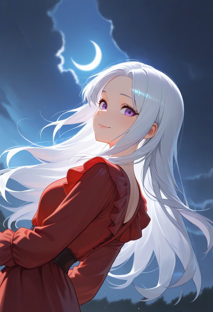 1girl, Aerea Targaryen, A song of Ice and Fire, DnD, Long Lustrious Hair, white Hair, Long white Hair, purple eyes, innocent eyes, adult (between ages of 18-20), lovely smile, dark background, wearing a red dress, 1girl, childish features, sole girl, dynamic lighting, dynamic angle, cloud, volumetric lighting, blue sky, portrait, upper body,