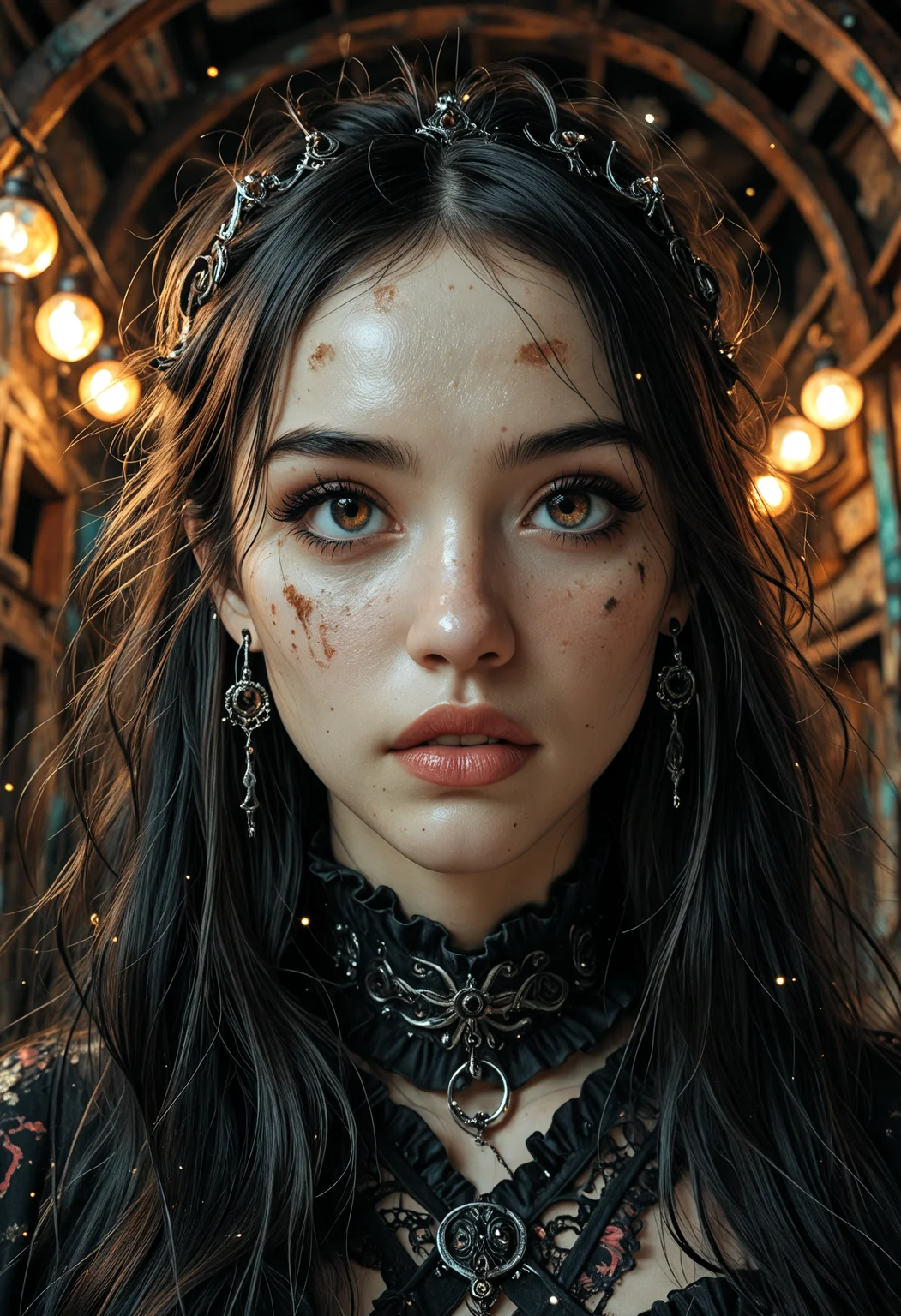 masterpiece, high_quality, highres, sharp_focus, detailed_eyes, Fantasy Style, (Grunge), portrait, face_focus,
1girl, Korean_woman, very_long_hair, frilly_dress, side_glance,
face_focus, dynamic, fisheye_angle,
high_fashion, earrings, jewelry, light_particles