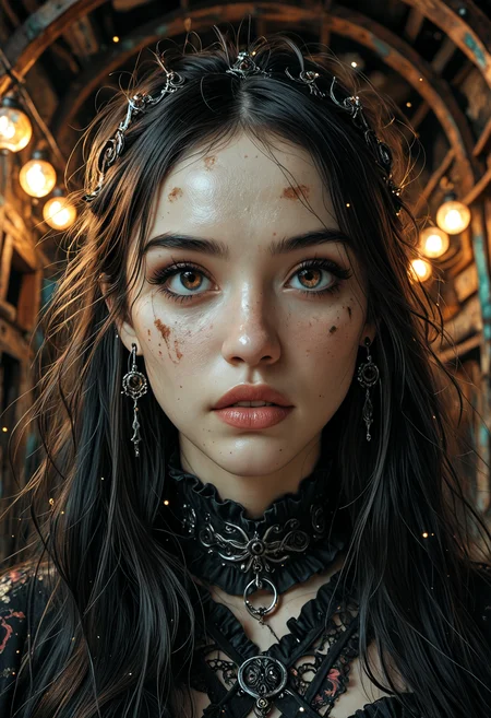 masterpiece, high_quality, highres, sharp_focus, detailed_eyes, Fantasy Style, (Grunge), portrait, face_focus,
1girl, Korean_woman, very_long_hair, frilly_dress, side_glance,
face_focus, dynamic, fisheye_angle,
high_fashion, earrings, jewelry, light_particles