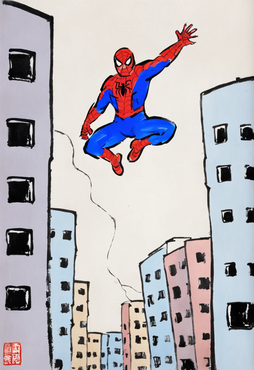 spider man jumping among buildings, by Feng Zikai <lora:fengzikai_v1.0_XL:1>