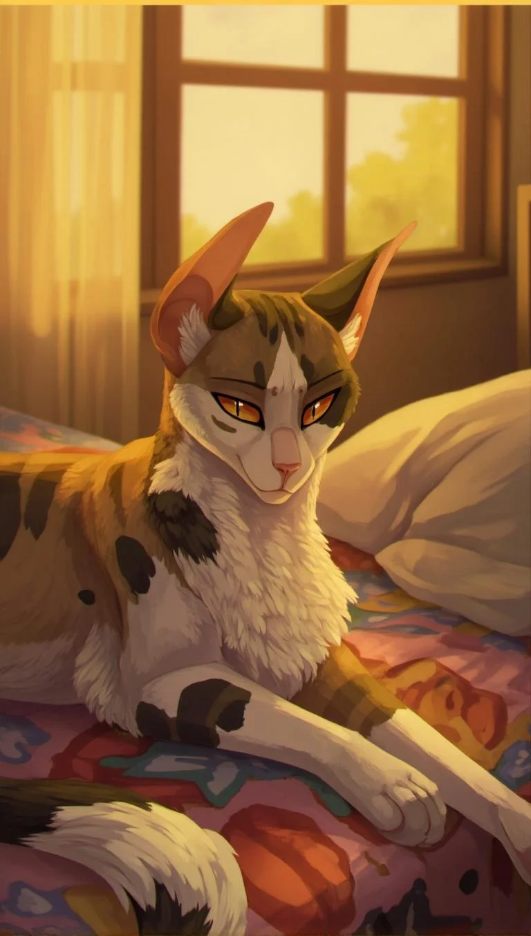 <lora:ck-LttleGhost-000011.safetensors:1> in the style of ck-lttlegh0stA calico cat lounges on a colorful bedsheet in a warm, morning-lit bedroom. Soft light and blurred background create a serene atmosphere, highlighting the cat's sharp eyes and detailed fur texture. The scene exudes coziness and relaxation, inviting contemplation.