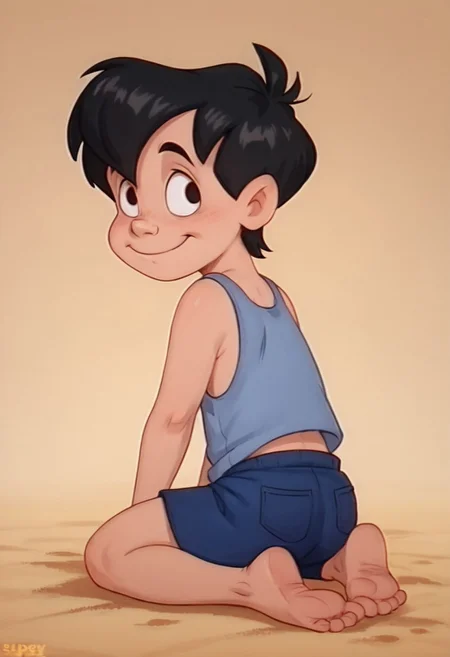 score_9, score_8_up, score_7_up, score_6_up, 1boy, solo, male, Neddiehugson, 1boy, solo,  black hair, short hair, black eyes, thin body, thin face, short stature, cute boy, big smile, shy, tank top, shorts, barefoot, from behind, looking back