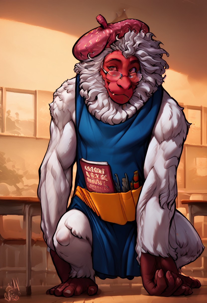hodan, baboon, white fur, red skin, monkey, furry, towel, holding towel, score_9, score_8_up, score_7_up, score_6_up, score_5_up, score_4_up zPDXL, solo, light effects, (high quality:1), (realistic:1.2), good anatomy, solo, nice angle, (fullbody:1),  halfbody, standing, indoors, art classroom, classroom, painting, apron, hat, beret, smile, glasses, ambient lighting