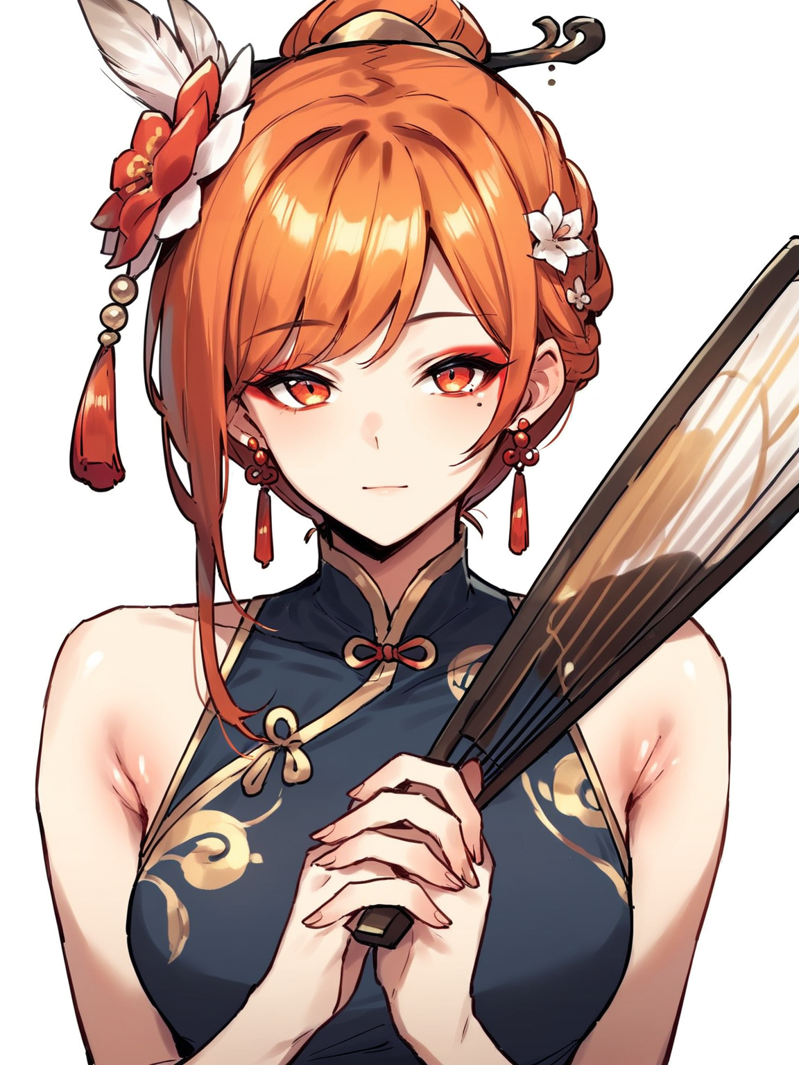1girl black_dress blue_flower china_dress chinese_clothes covering_own_mouth dress earrings eyeliner feather_earrings feathers flower folding_fan gold_earrings hair_flower hair_ornament hand_fan holding holding_fan jewelry looking_at_viewer looking_to_the_side makeup mole mole_under_eye official_alternate_costume orange_hair pearl_hair_ornament pinky_out portrait red-eye_effect simple_background solo swept_bangs updo white_background,  <lora:thirty_8ght:0.8>, score_9, score_8_up, score_7_up
