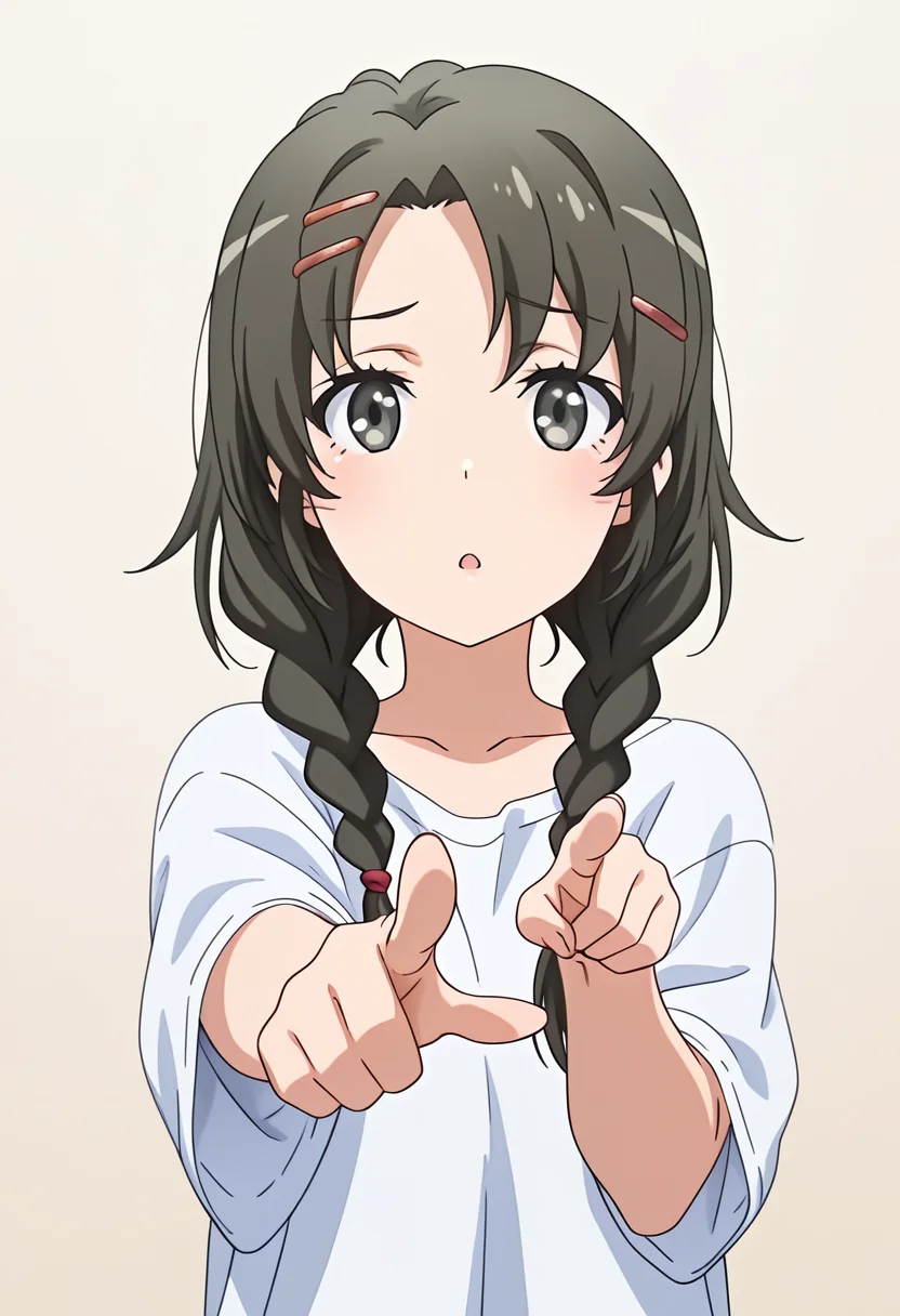1girl, oregairumeguri, brown hair, long hair, twin braids, hairclip, black eyes, oversized shirt, looking at viewer, cute, pointing at viewer,  season1art, <lora:Meguri_ill_v1:1>, masterpiece, best quality, high quality, detailed, absurdres